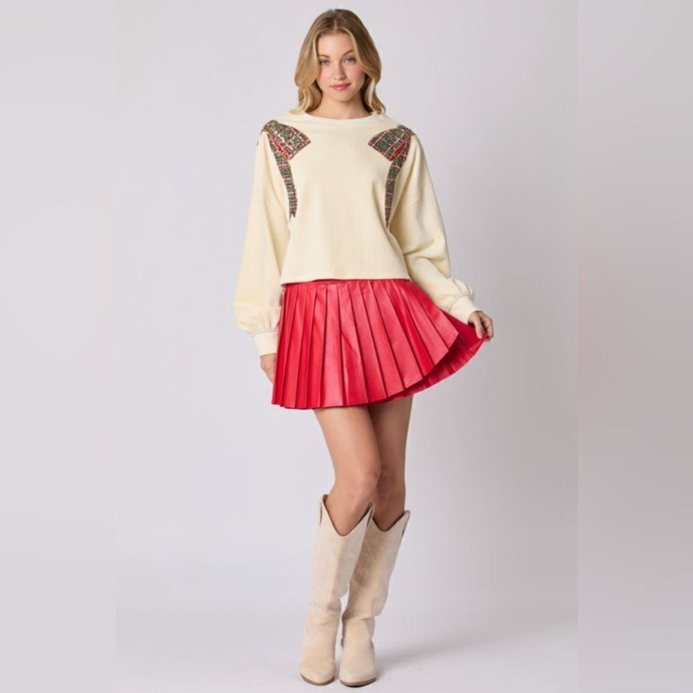 928. PLEATED RED SKIRT- faux leather, built-in shorts!